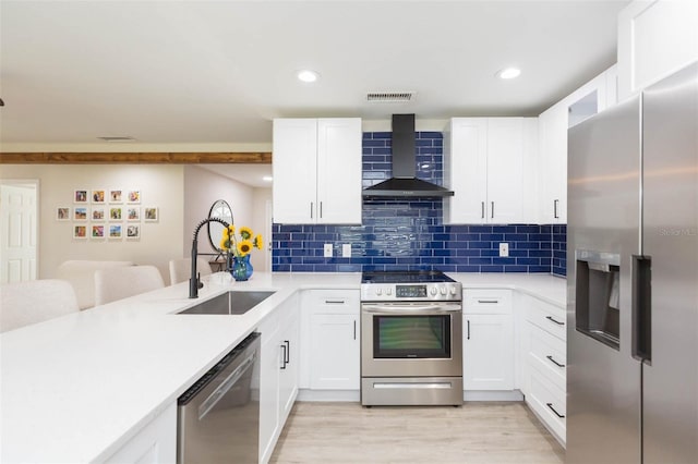 kitchen with sink, wall chimney range hood, kitchen peninsula, stainless steel appliances, and white cabinets