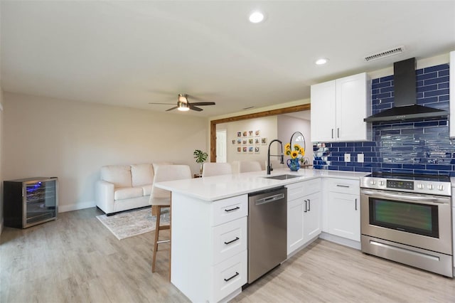 kitchen featuring appliances with stainless steel finishes, white cabinetry, a kitchen bar, kitchen peninsula, and wall chimney exhaust hood