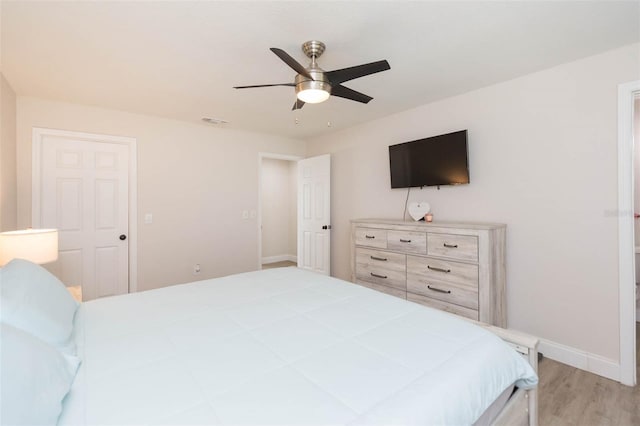 bedroom featuring ceiling fan and light hardwood / wood-style floors