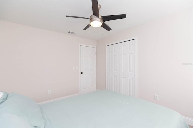 bedroom with ceiling fan and a closet