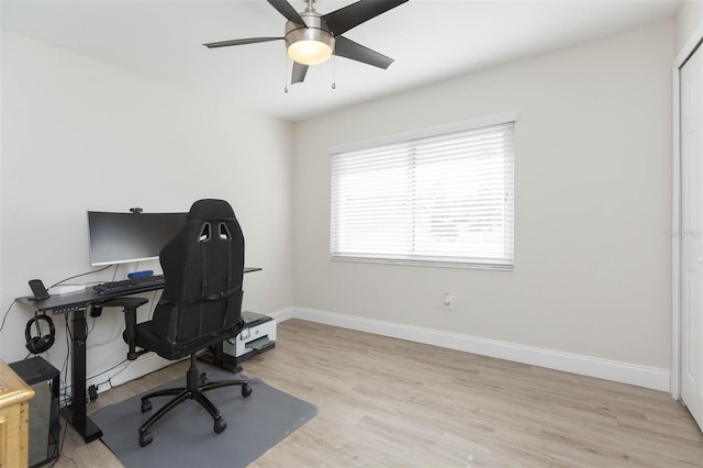 office featuring ceiling fan and light hardwood / wood-style floors