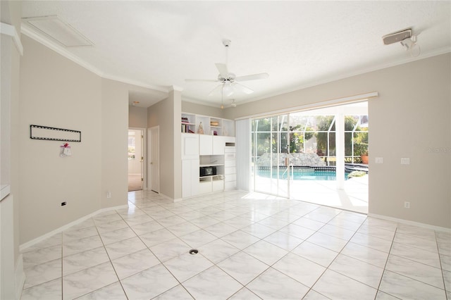 unfurnished living room featuring light tile patterned floors, ornamental molding, and ceiling fan