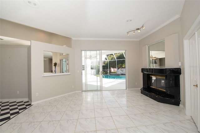 unfurnished living room featuring crown molding and a high end fireplace