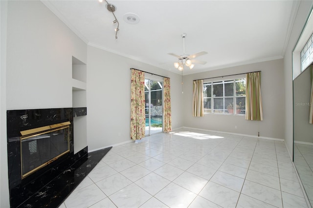 living room featuring ornamental molding, light tile patterned flooring, ceiling fan, and a high end fireplace