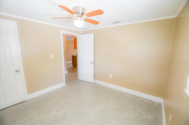 unfurnished bedroom with crown molding and ceiling fan