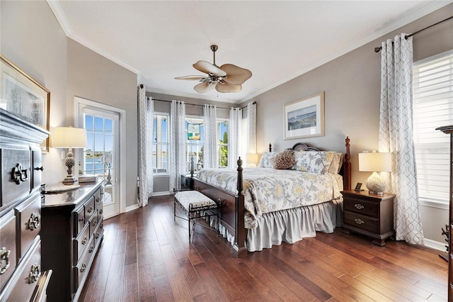 bedroom with crown molding, ceiling fan, dark hardwood / wood-style flooring, and access to outside