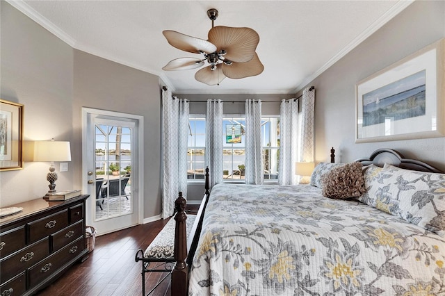 bedroom with ceiling fan, ornamental molding, dark hardwood / wood-style flooring, and access to outside