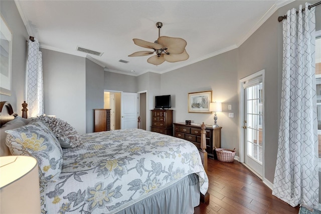 bedroom with ceiling fan, ornamental molding, and dark hardwood / wood-style floors