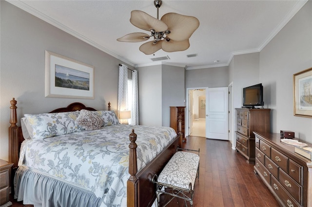 bedroom featuring ceiling fan, ornamental molding, and dark hardwood / wood-style floors