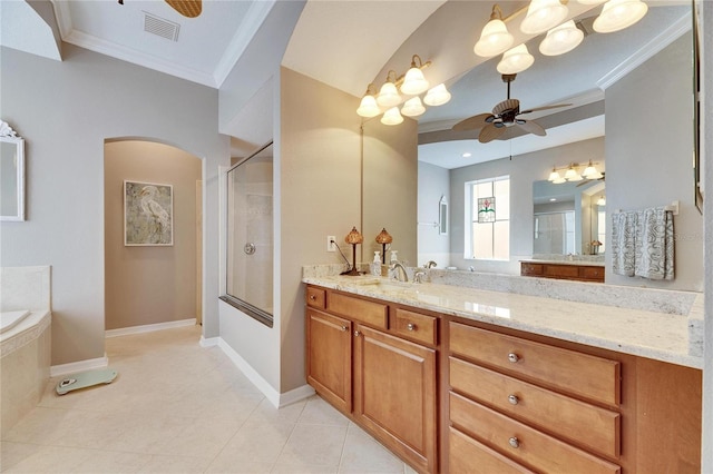 bathroom with vanity, crown molding, ceiling fan, and separate shower and tub