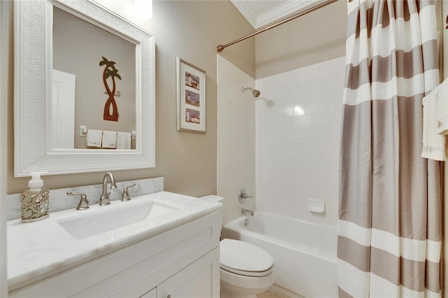 full bathroom featuring shower / bathtub combination with curtain, vanity, ornamental molding, and toilet