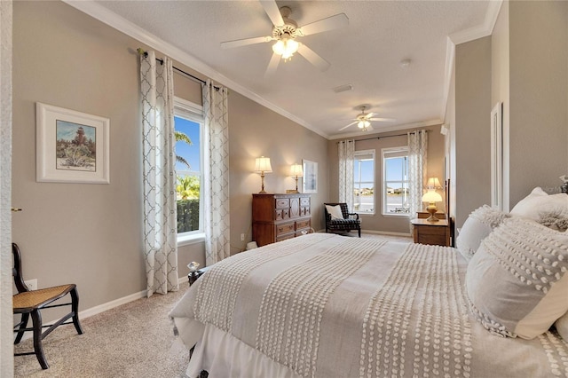 bedroom with light carpet, a textured ceiling, ornamental molding, and ceiling fan