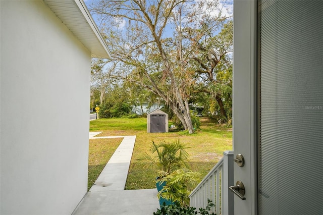 view of yard with a storage shed