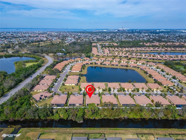 aerial view featuring a water view