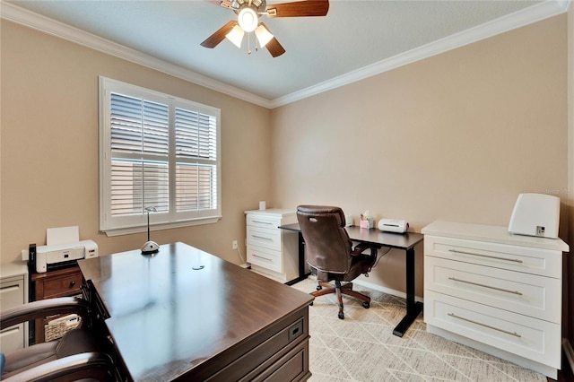 office space featuring ceiling fan and ornamental molding