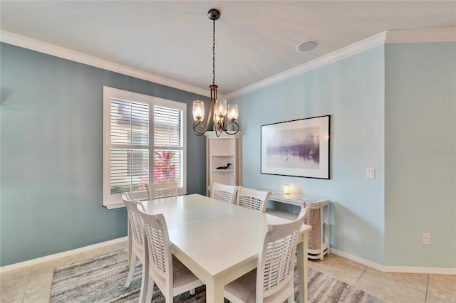 tiled dining area featuring crown molding and a notable chandelier