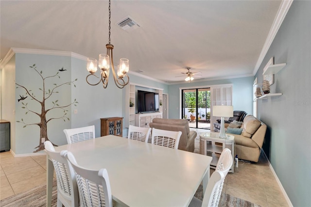 dining space featuring crown molding, ceiling fan with notable chandelier, and light tile patterned floors