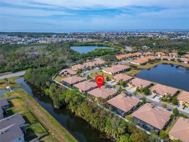 aerial view featuring a water view