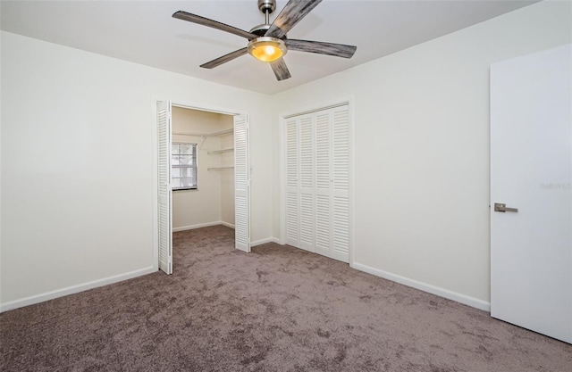 unfurnished bedroom featuring ceiling fan and light carpet