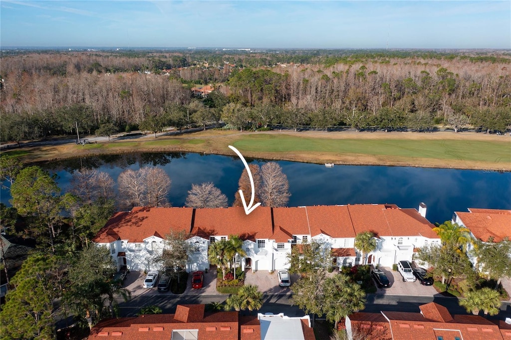 bird's eye view with a water view