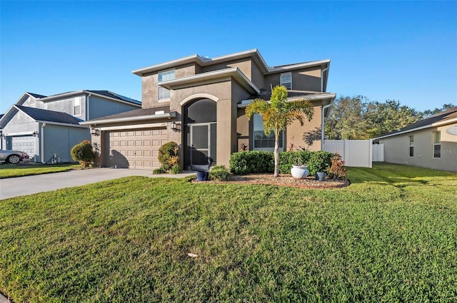 view of front of home with a garage, concrete driveway, fence, a front lawn, and stucco siding