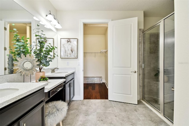 bathroom featuring vanity and a shower with door