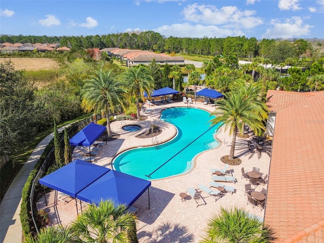 view of swimming pool featuring a hot tub and a patio