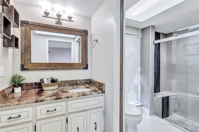 bathroom with vanity, walk in shower, and toilet