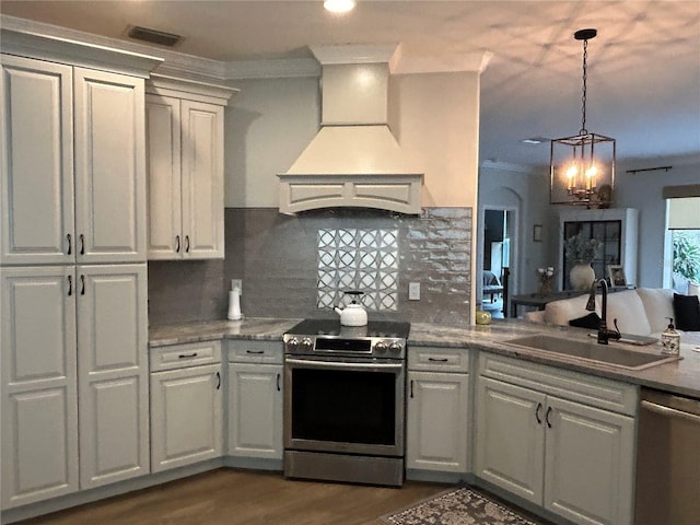 kitchen featuring white cabinetry, sink, decorative backsplash, custom exhaust hood, and stainless steel appliances