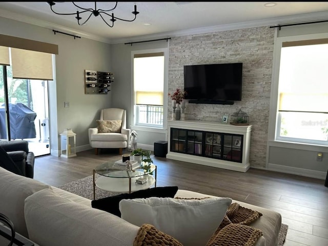 living room with a fireplace, wood-type flooring, ornamental molding, and a chandelier