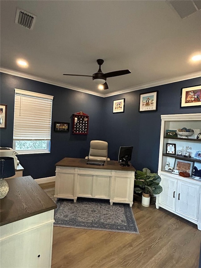 home office featuring ornamental molding, ceiling fan, and dark hardwood / wood-style flooring