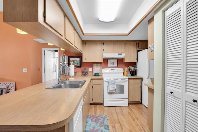 kitchen with sink, white appliances, a tray ceiling, kitchen peninsula, and light wood-type flooring