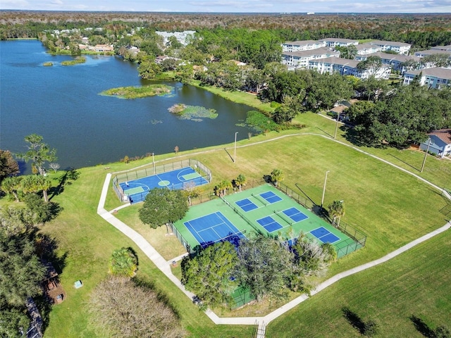 bird's eye view with a water view