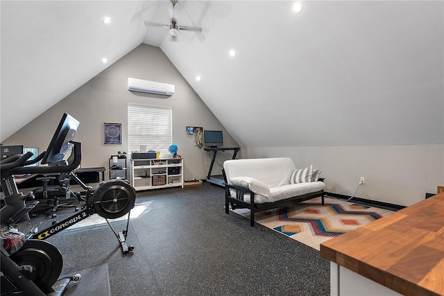 workout room with an AC wall unit and lofted ceiling