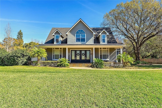 view of front facade featuring covered porch and a front yard