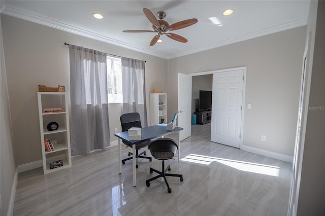 office with ornamental molding and ceiling fan