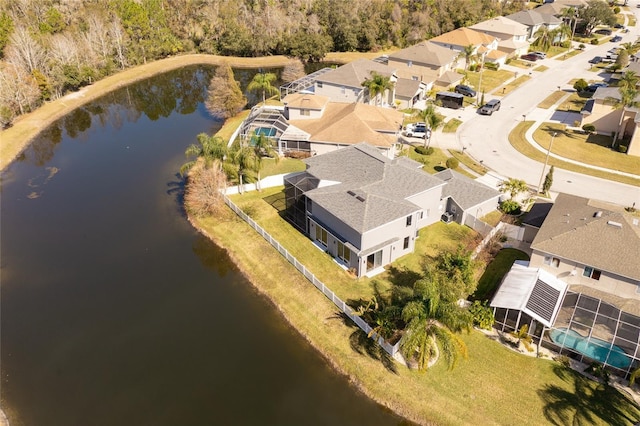 drone / aerial view with a water view