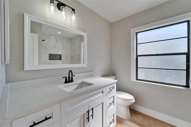 bathroom with vanity, hardwood / wood-style flooring, toilet, and walk in shower