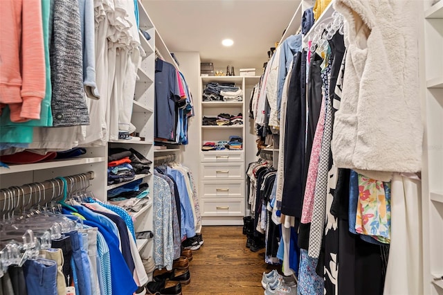 spacious closet featuring dark hardwood / wood-style flooring