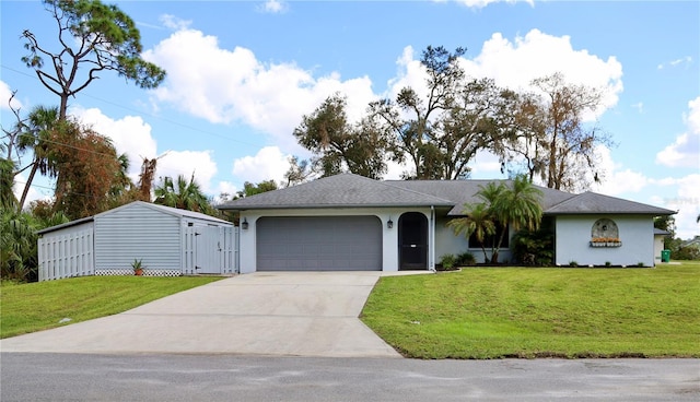 ranch-style house featuring a garage and a front yard