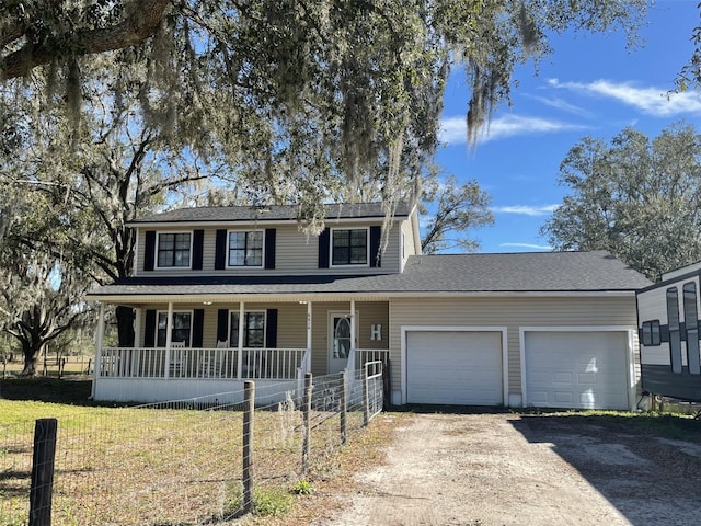 view of front of house featuring a garage, covered porch, and a front lawn