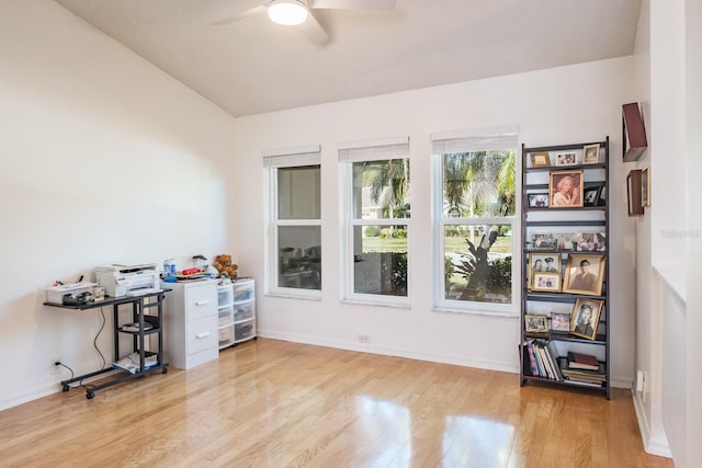 home office with ceiling fan and light hardwood / wood-style flooring