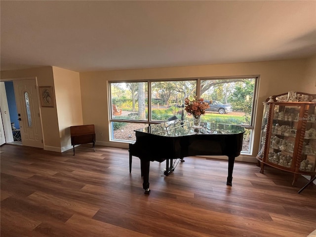 sitting room with a wealth of natural light, baseboards, and dark wood-type flooring