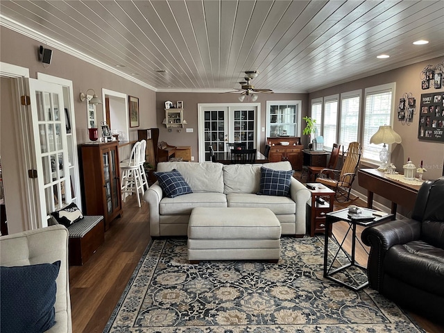 living room featuring a ceiling fan, wood ceiling, wood finished floors, crown molding, and french doors