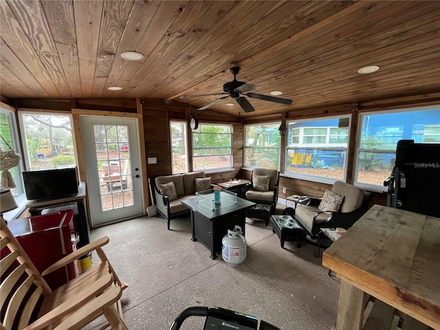 sunroom / solarium with wooden ceiling, ceiling fan, and vaulted ceiling