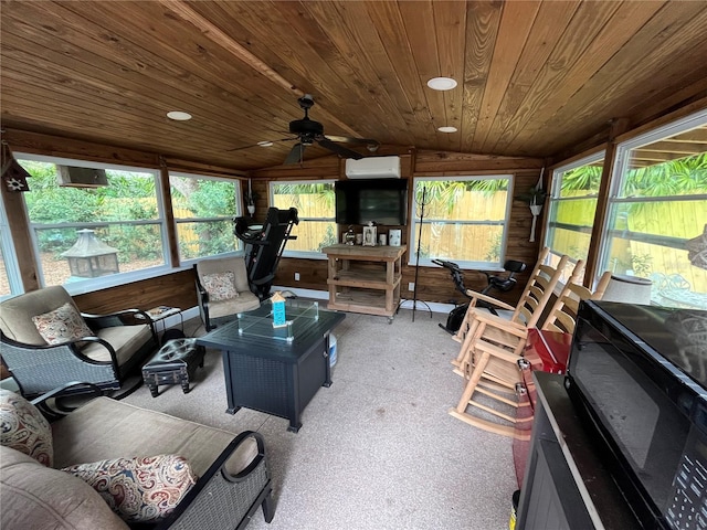 sunroom / solarium with lofted ceiling, wooden ceiling, a wealth of natural light, and a wall mounted AC