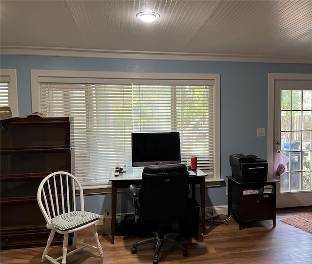 office area featuring crown molding, a wealth of natural light, and wood finished floors