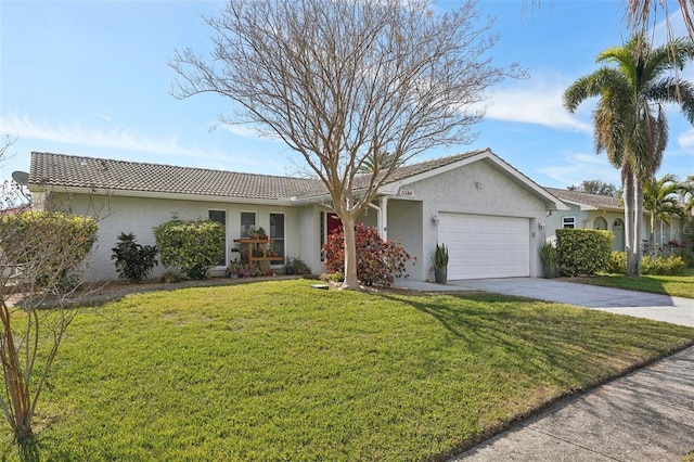 ranch-style house with a garage and a front yard