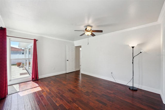 spare room featuring crown molding, dark hardwood / wood-style floors, and ceiling fan