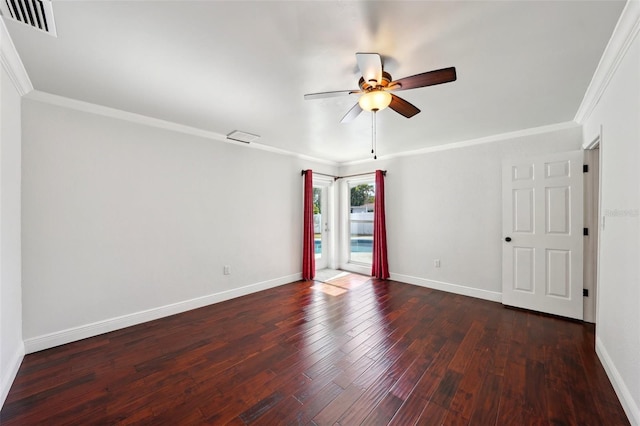 unfurnished room featuring crown molding, ceiling fan, and dark wood-type flooring